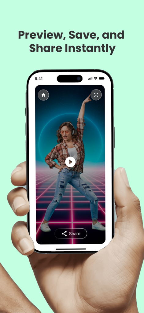 Green screen App - Écran de smartphone montrant un aperçu vidéo avec un arrière-plan rétro et une option de partage dans l'application écran vert