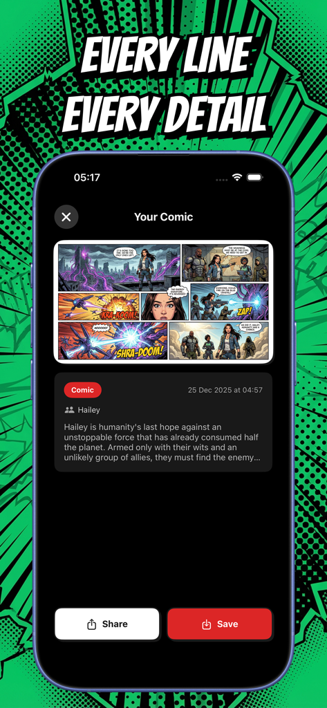 Una pantalla de la aplicación RYU que muestra una historia de cómic generada por IA de múltiples paneles con un tema de ciencia ficción