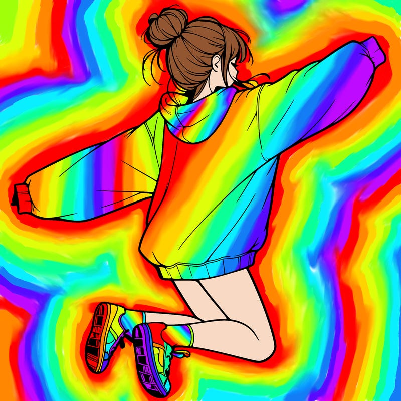 realistic girl jumping with a bun and oversized sweatshirt