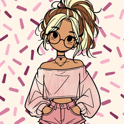 girl with a messy ponytail glasses a baggy crop top and jean shorts