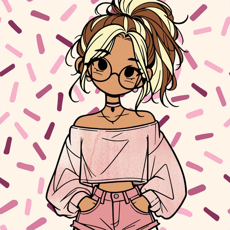 girl with a messy ponytail glasses a baggy crop top and jean shorts