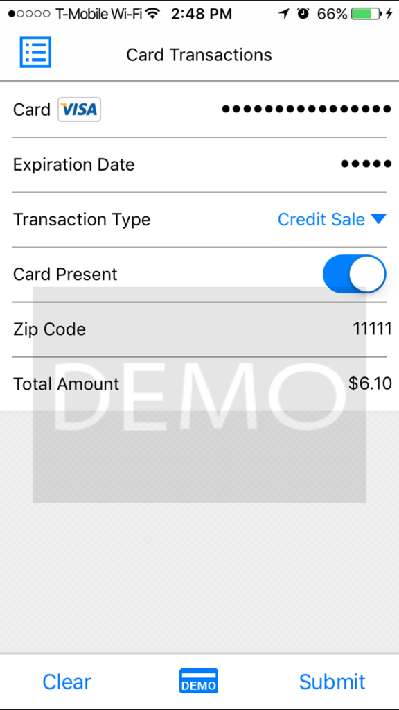 HMP Restaurant app interface for processing a credit card sale transaction on a mobile device