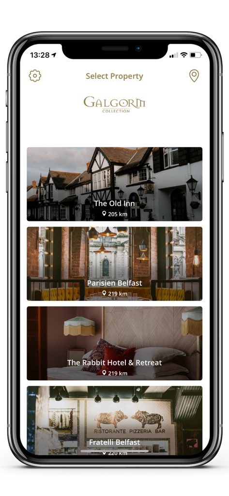 Galgorm Collection - Galgorm Collection mobile app property selection screen showing luxury hotel and restaurant locations like The Old Inn and Parisien Belfast