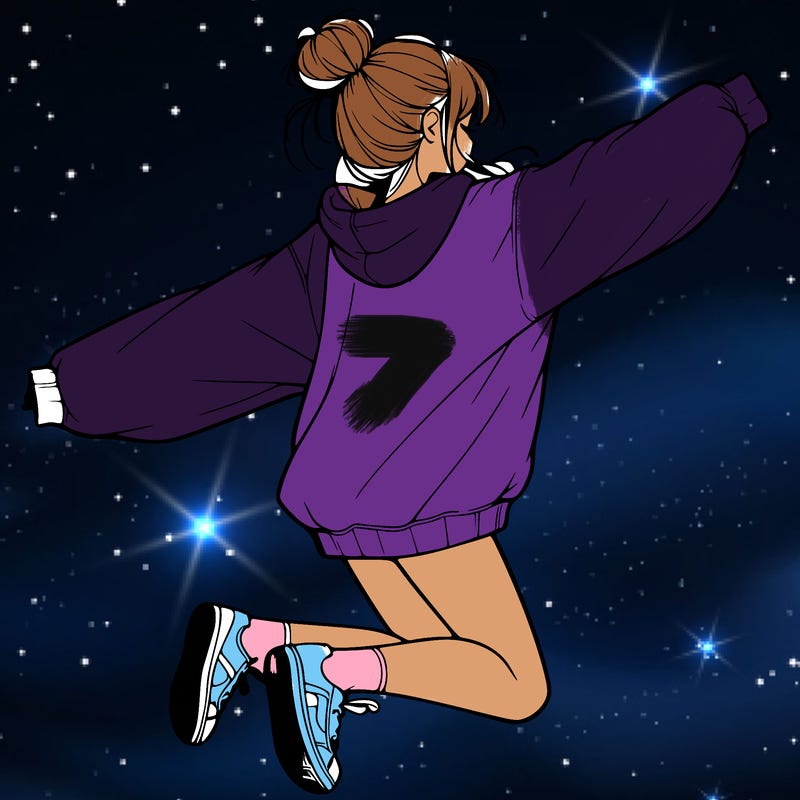 realistic girl jumping with a bun and oversized sweatshirt
