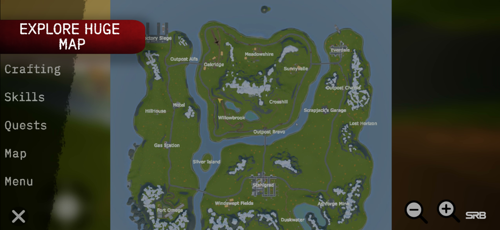 FateZ: Zombie Survival - Vista de arriba hacia abajo del gran mapa de mundo abierto en el juego FateZ Zombie Survival.