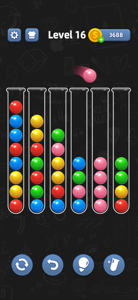 A gameplay screen of Ball Sort showing colorful balls being organized into glass tubes on Level 16