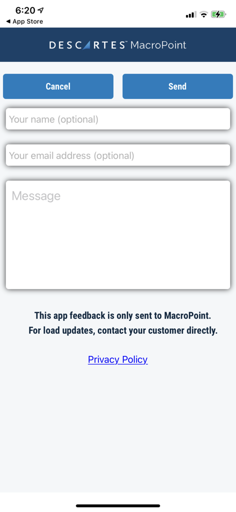 MacroPoint For Truckers 앱 피드백 화면에 연락처 필드 및 개인 정보 보호 정책 링크 포함