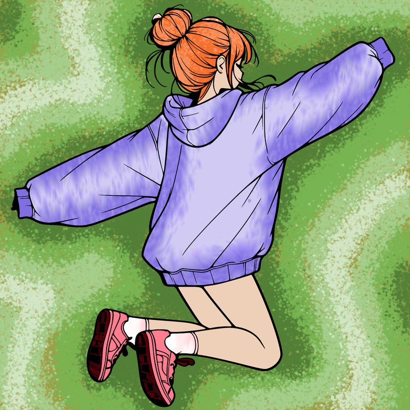 realistic girl jumping with a bun and oversized sweatshirt