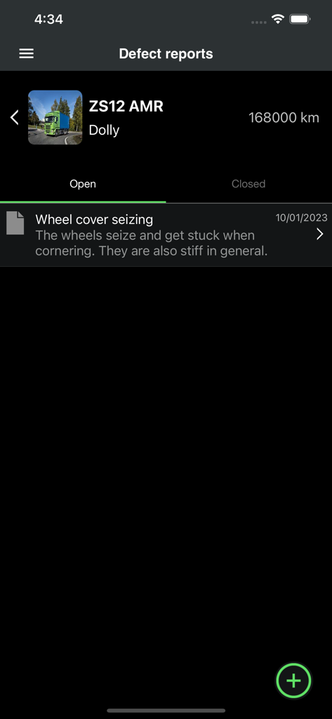 Scania Fleet - Scania Fleet app screen showing an open vehicle defect report