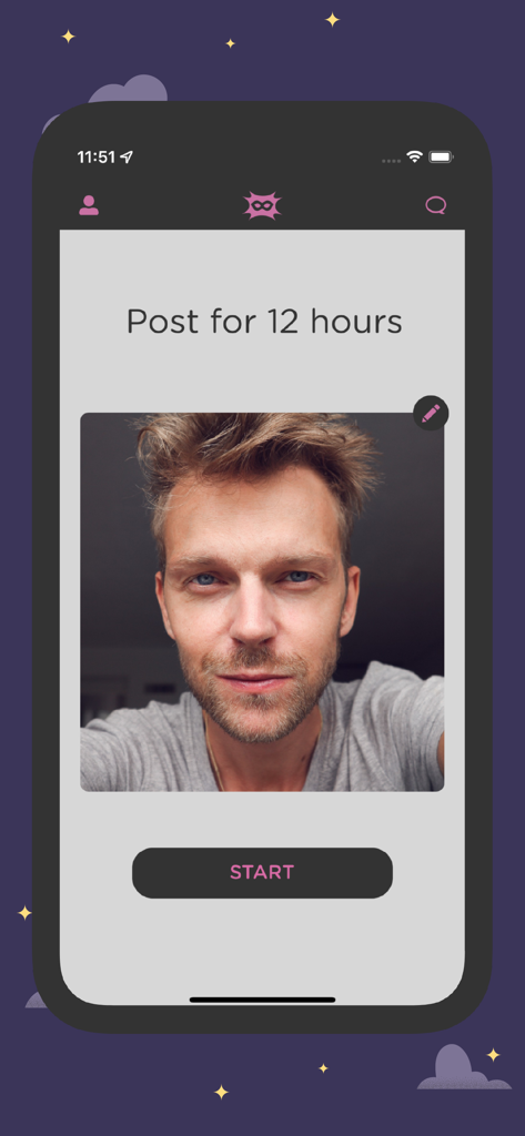 Slyde: Meet, Match & Move on - Interface do aplicativo de namoro Slyde mostrando a selfie ao vivo de um usuário com a opção de postar por 12 horas.