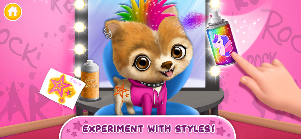 Pepper the Pomeranian puppy getting a rainbow mohawk makeover with glitter spray in a rock star salon.