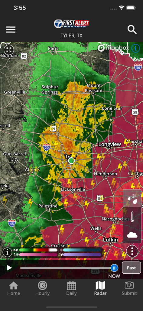 KLTV First Alert Weather app high-resolution radar map showing storm activity and lightning strikes across East Texas around Tyler and Longview.