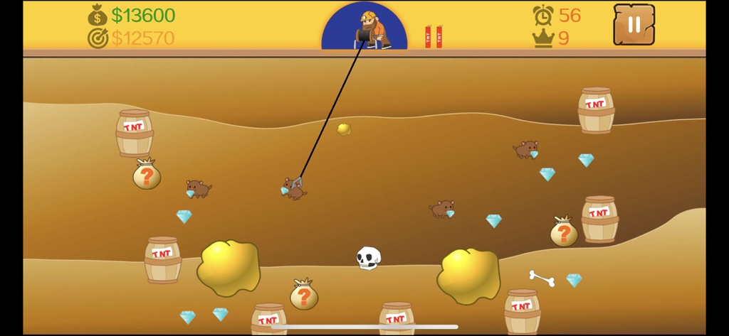 Gold Miner Classic Game - Gold Miner Classicのゲームプレイ。キャラクターがツメを使って金塊やダイヤモンドを集め、TNTの樽を避けている様子。