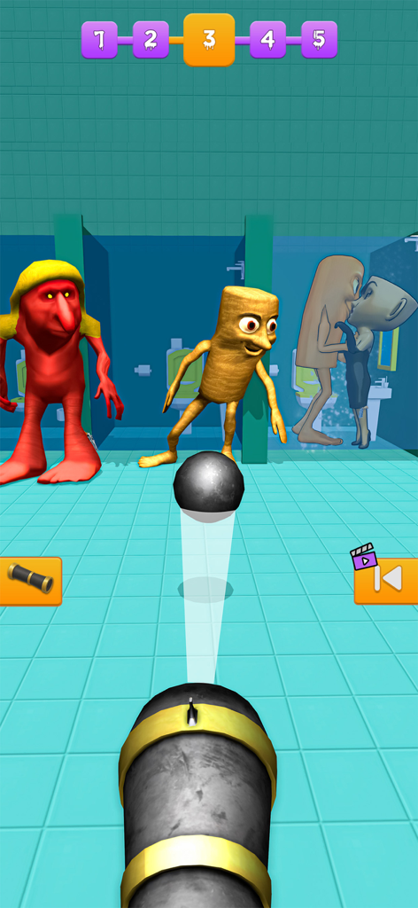 Gameplay-Bildschirm von Rapid Punch Hero, der skurrile Cartoon-Charaktere in einer bunten Toilettenarena zeigt.