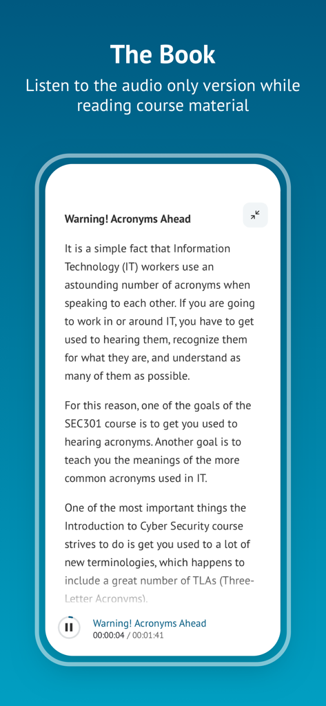 SANS OnDemand - Interface of the SANS OnDemand app showing a cybersecurity lesson text with a synchronized audio player for simultaneous listening and reading