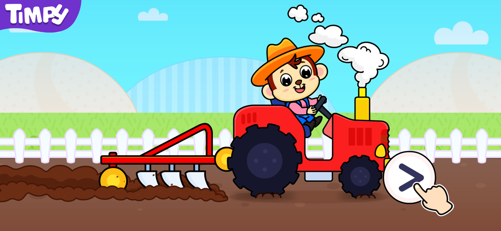 Barn & Farm Games For Kids - A cartoon monkey driving a red tractor and plowing soil on a farm