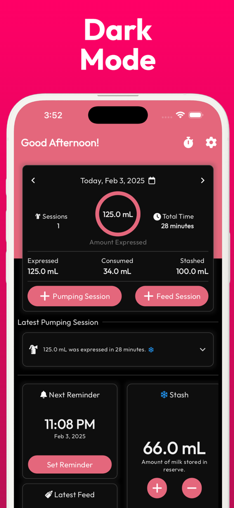 Interfaz del panel de control del rastreador de extracción de leche materna en modo oscuro que muestra estadísticas de producción y niveles de inventario del congelador.