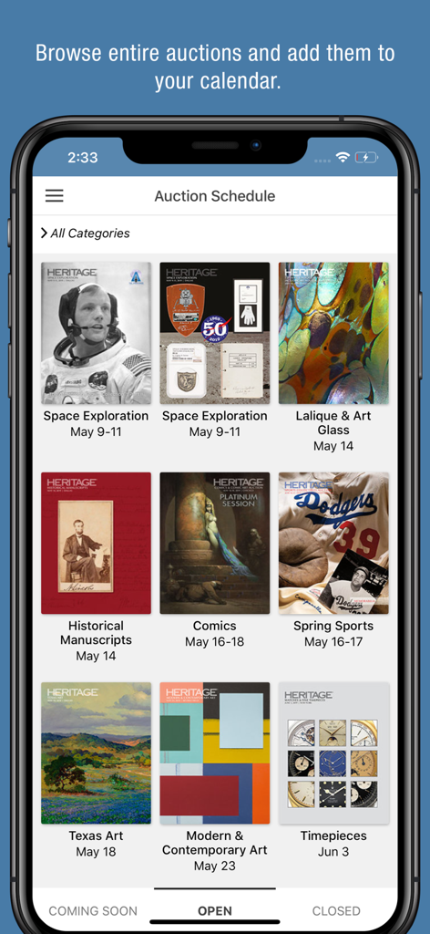 Heritage Auctions - Pantalla del calendario de subastas de la aplicación Heritage Auctions mostrando categorías como arte fino de exploración espacial y relojes