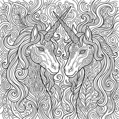 Unleash your creativity with this enchanting coloring page featuring two majestic Elder Unicorns intertwined with vibrant psychedelic patterns. Explore a world where ancient wisdom meets surreal art, perfect for an immersive coloring experience.