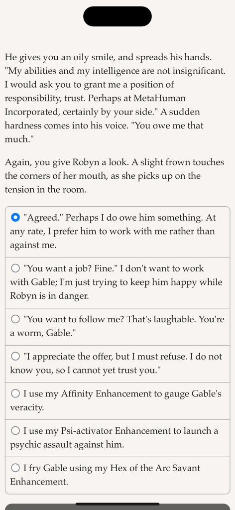 A text-based gameplay screen from MetaHuman Inc showing a narrative scene and multiple-choice options for the player