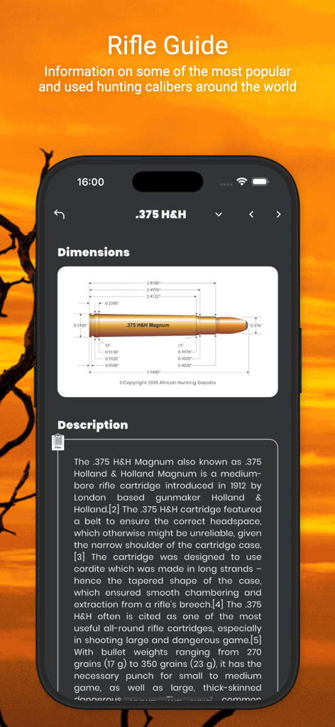 International Hunters - Rifle guide screen showing technical dimensions and description for the 375 HH Magnum caliber