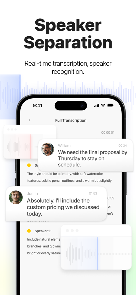 Recco: AI Note Taker - Interface of Recco AI Note Taker featuring real-time speaker separation and transcription