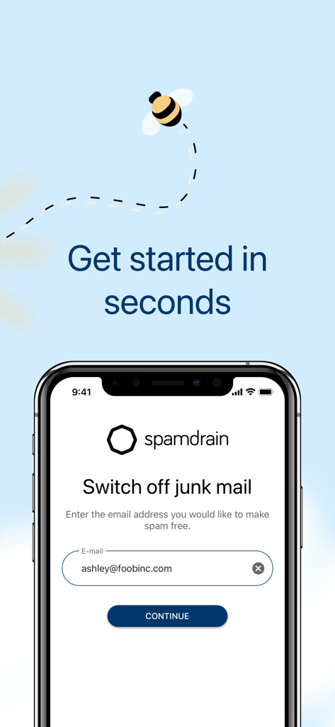 Spamdrain mobile app setup screen showing email entry to block junk mail