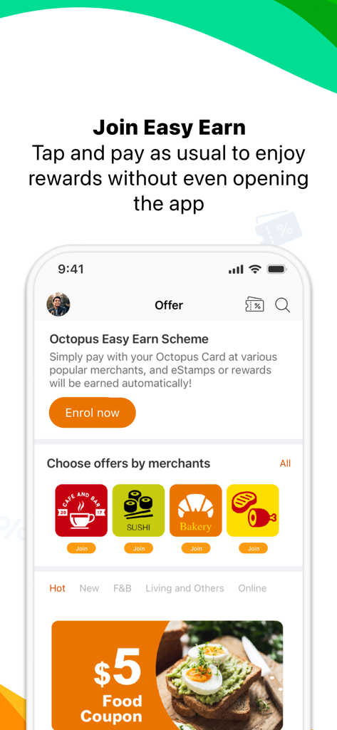 Octopus app Easy Earn rewards and merchant offers screen