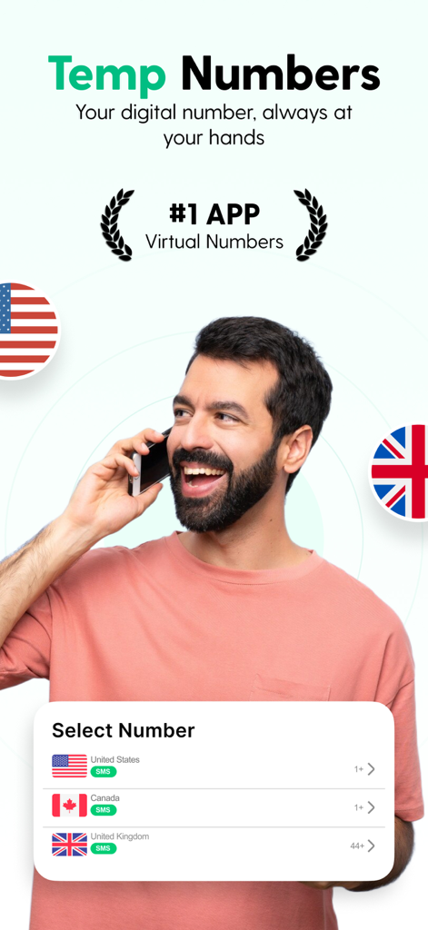 Temp Number - 2nd Phone Number - A man smiling while talking on a smartphone next to an interface for selecting virtual phone numbers for the USA Canada and United Kingdom
