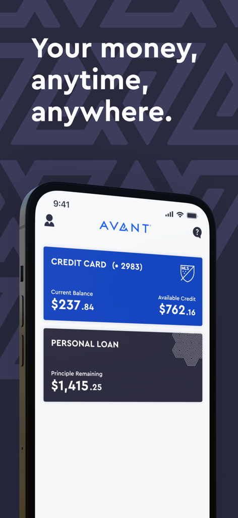 Avant mobile app interface showing a user dashboard with credit card balance and personal loan details.