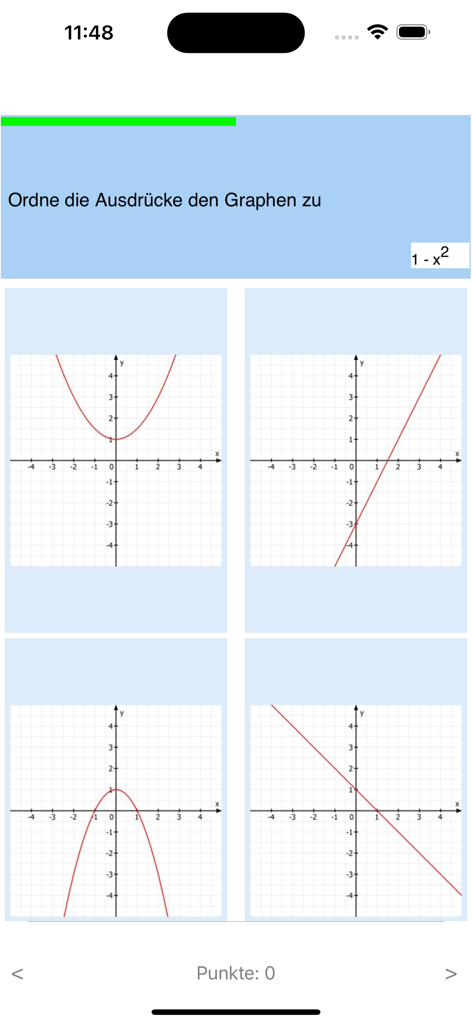 Schlaukopf - Schermata del quiz di matematica Schlaukopf che abbina un'equazione quadratica a grafici del sistema di coordinate.