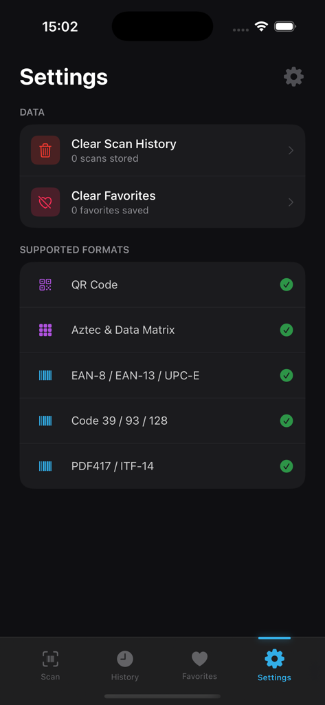 Settings screen of Easy Barcode Scanner app showing supported barcode formats and data management options