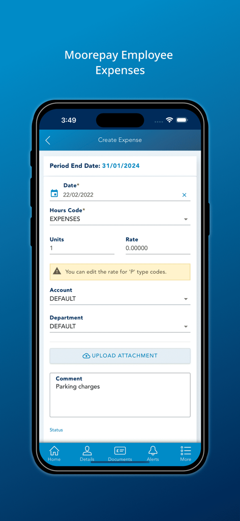 Tela de Criação de Despesa do aplicativo Moorepay mostrando campos de formulário para data, unidades e upload de recibo