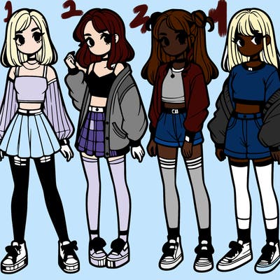 one girl with crop-top shirt and a jacket with a skirt, long socks and another girl with a shirt and pants with a jacket