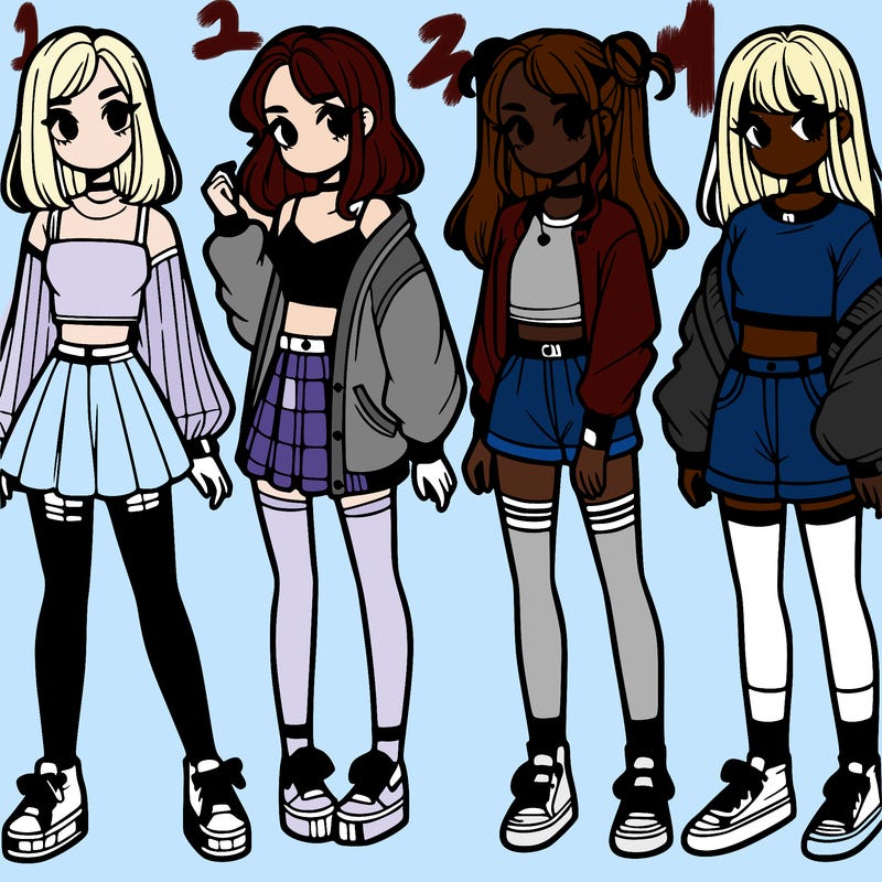 one girl with crop-top shirt and a jacket with a skirt, long socks and another girl with a shirt and pants with a jacket