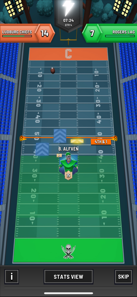 Blitz Football Franchise 2024 - 블리츠 풋볼 프랜차이즈 2024의 탑다운 경기 시뮬레이션 뷰, 경기장 및 점수판 표시