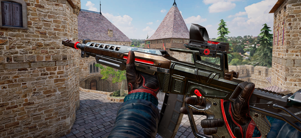 Special Forces Group 3 - First-person view of a customized assault rifle in a medieval castle courtyard in Special Forces Group 3.