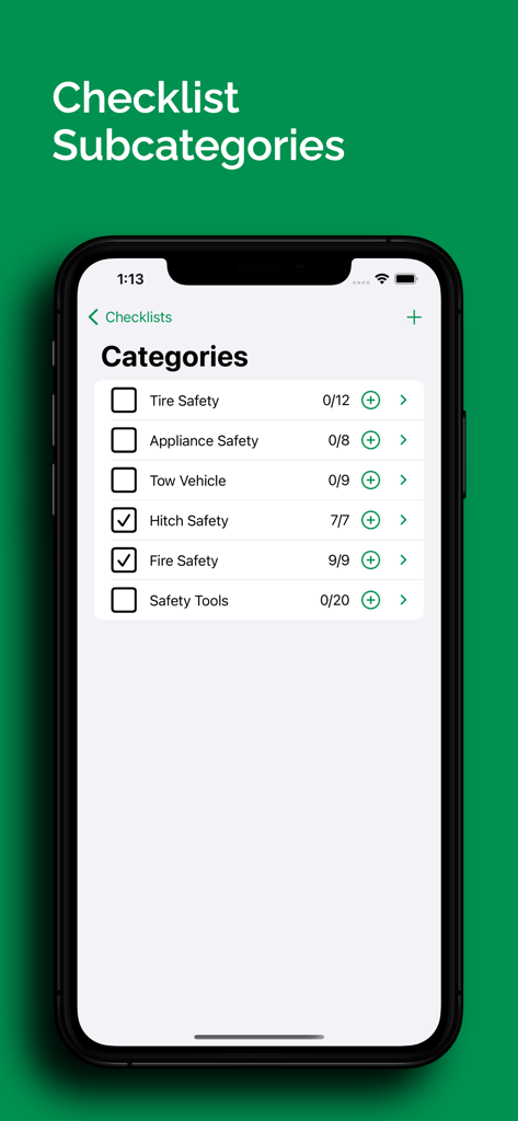 RV Checklist App - Mobile app interface showing RV safety checklist categories with progress counts
