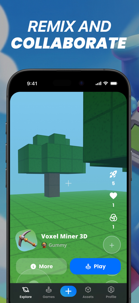 Ein Screenshot der Gummy AI Game Maker-App, der ein 3D-Voxel-Spiel namens 'Voxel Miner 3D' mit Optionen zum Remixen und zur Zusammenarbeit zeigt.