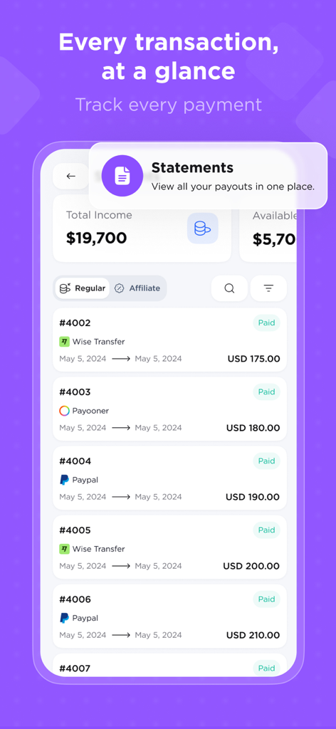 COD Partner - COD Partner mobile app statements screen showing a list of transactions with payment details and total income overview.