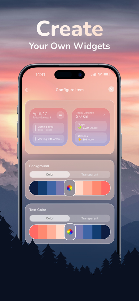 Thematic - Top Color Widgets - Interface of Thematic app for creating custom iOS widgets with personalized color palettes and tracker previews.