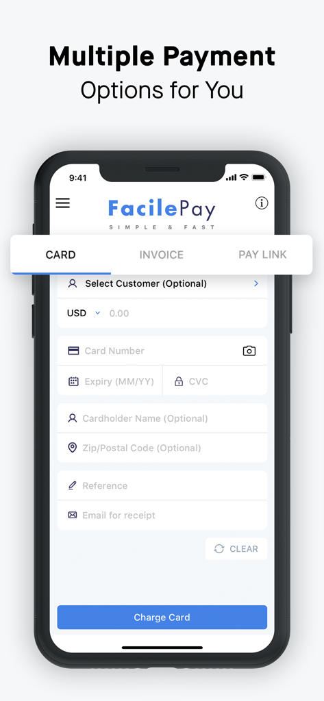 FacilePay mobile app interface showing credit card entry form with options for card scanning and manual entry for Stripe payments.