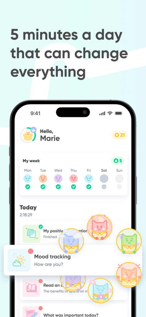 A smartphone screen of the Kwit app showing a mood tracker and daily quit smoking tasks