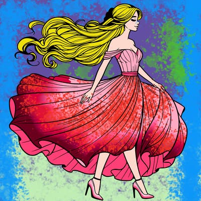 realistic woman in a dress flowing in the wind