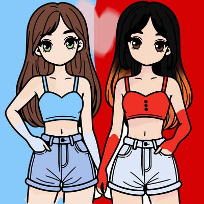 two sisters with crop tops and jean shorts and straight hair