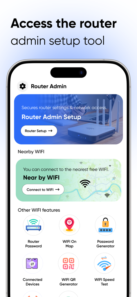 All Router Admin Setup Control - Panel de la aplicación Control Total de Configuración de Router mostrando herramientas para la configuración del router, WiFi cercano y seguridad de la red.