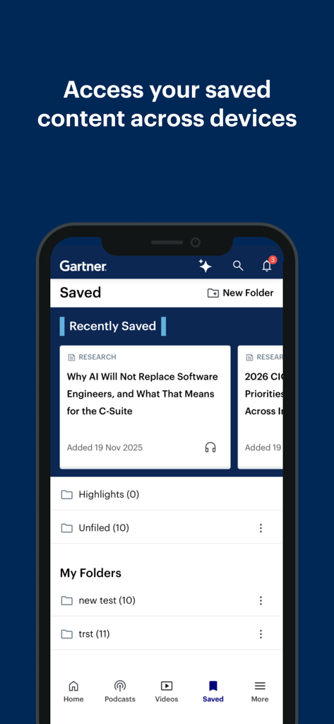 My Gartner Mobile - Capture d'écran de l'application My Gartner Mobile montrant la section Enregistré avec des articles de recherche et des dossiers personnels.