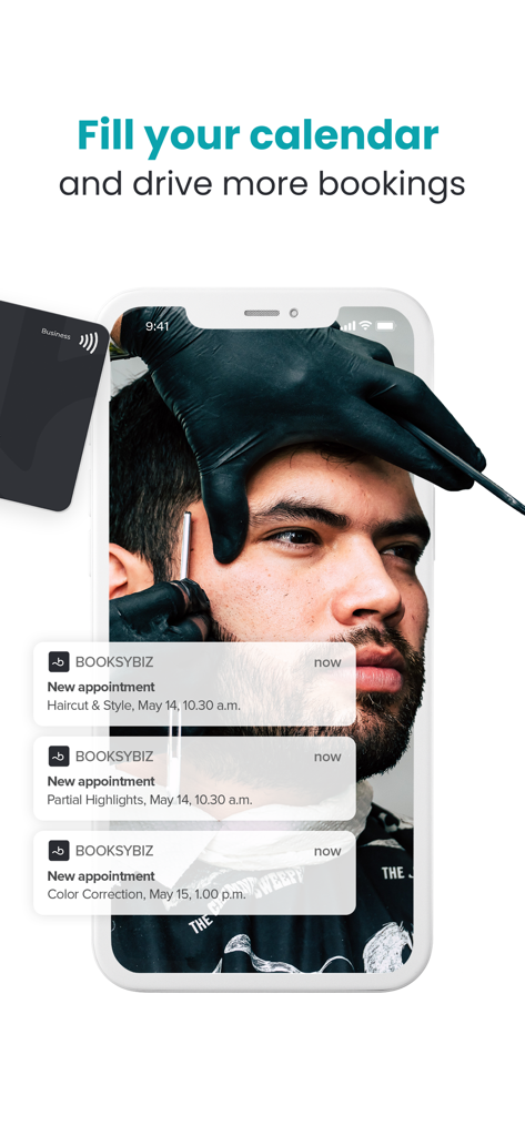 Booksy Biz app showing new appointment notifications for a barber business.