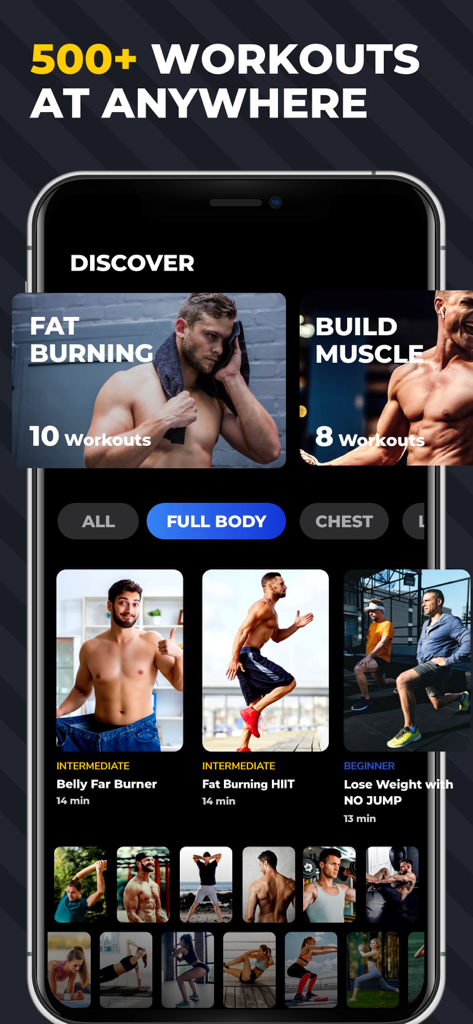 Six Pack in 30 Days app discovery screen featuring various fat burning and muscle building workouts