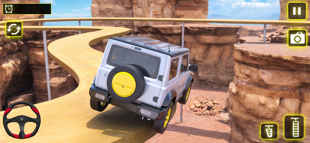 Jeep Rally Hill Offroad - A white 4x4 jeep driving on a narrow winding track in a desert canyon